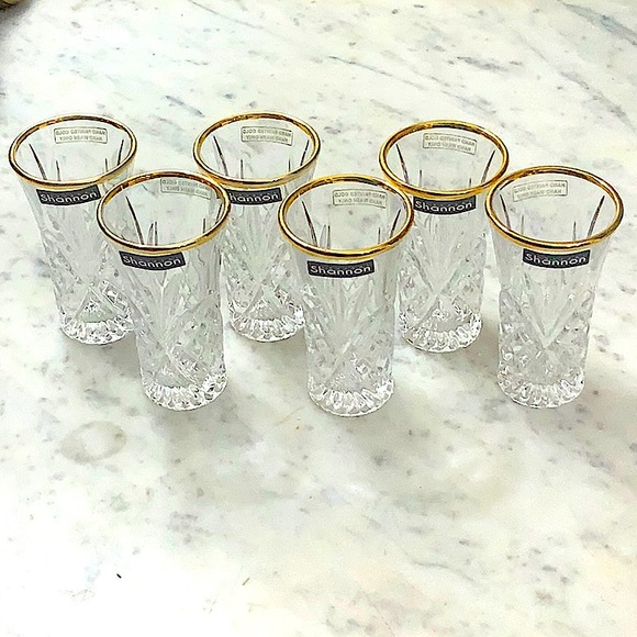 GODINGER DUBLIN CRYSTAL VODKA SHOOTERS GOLD TRIM SET OF 6 - Picture 1 of 8